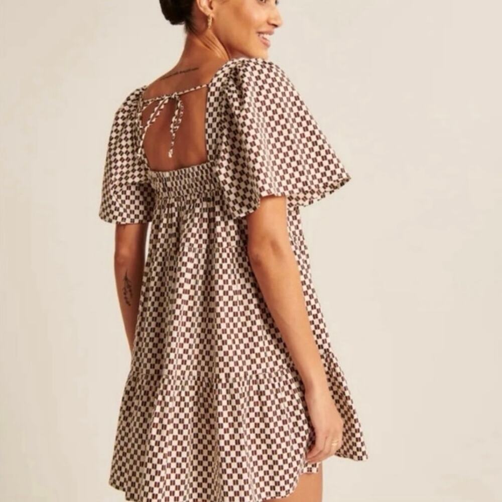 Abercrombie & Fitch Angel Sleeve Trapeze Mini Dress Brown Checkered Size Medium - Picture 2 of 14